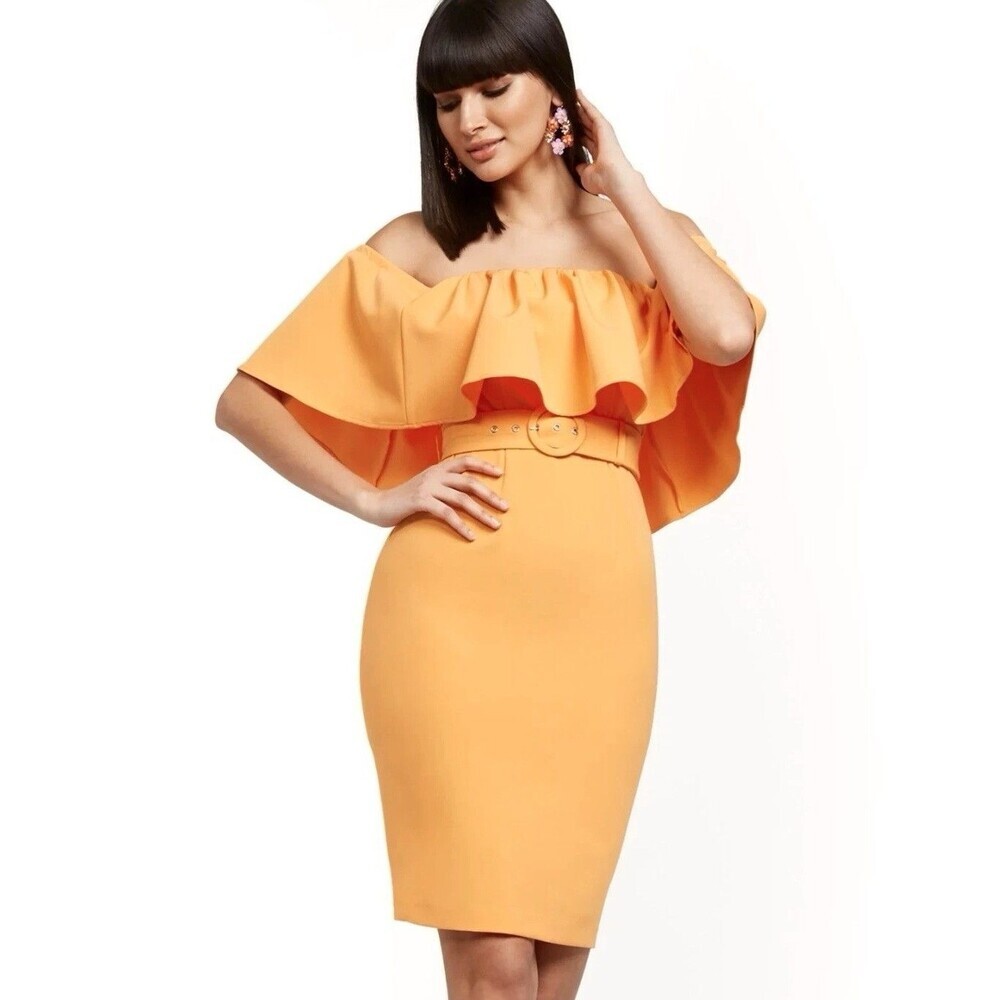 New York & Company Sherbet Orange Ruffly Off the Shoulder Sheath Dress Size Med
